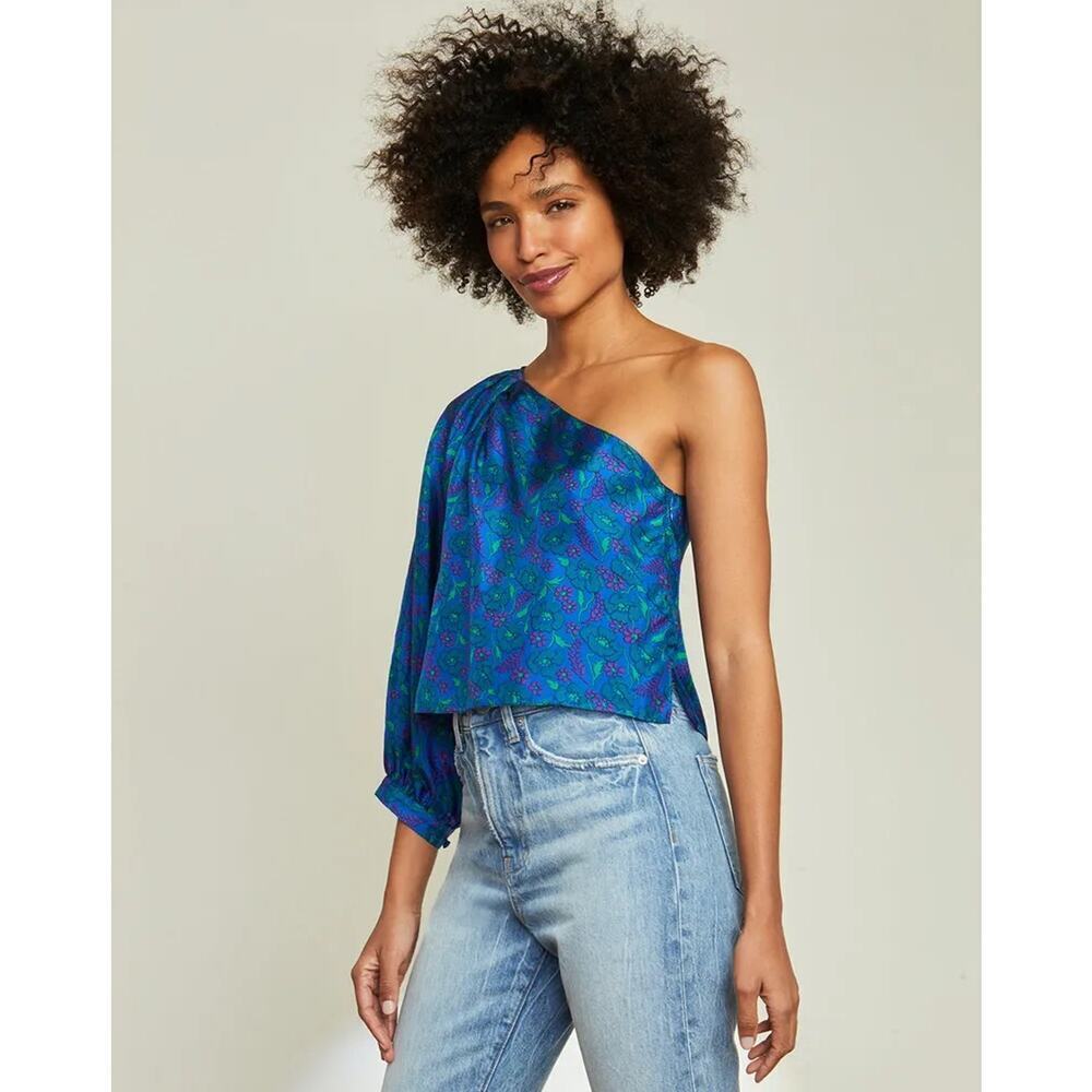 Veronica Beard Lyric One Shoulder 100% Silk Floral Top Sz 10 NWT
